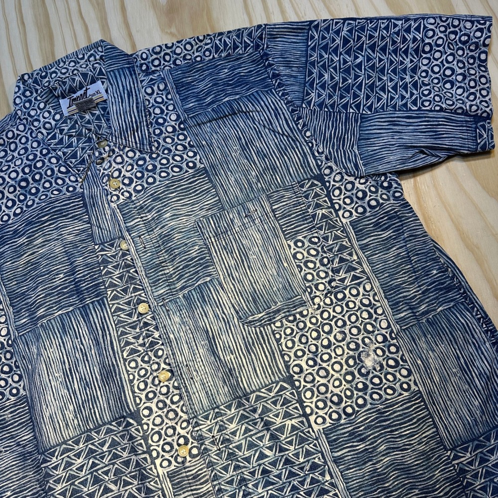 Impact Mens XL Blue Patchwork Geometric Linen Cotton Button Down Shirt Vintage